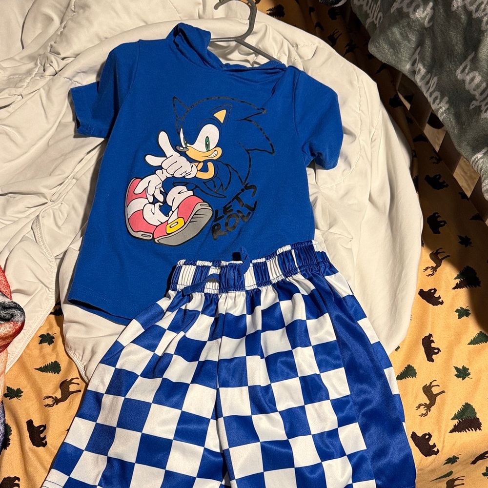 Blue Sonic the Hedgehog T-Shirt and Checkered Shorts Set